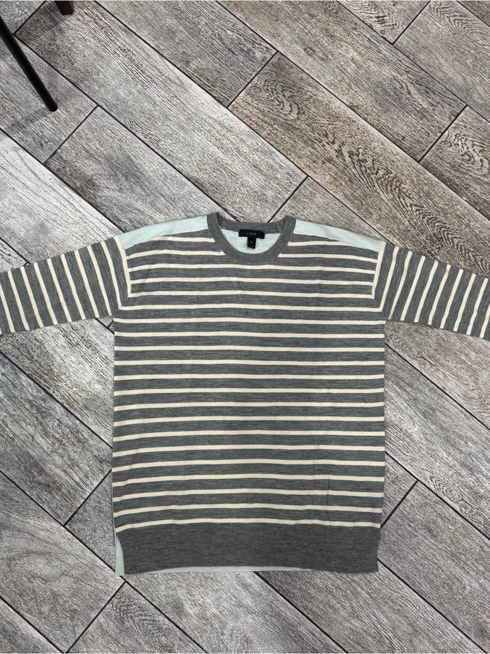 J. Crew Ladies Gray and Cream Stripe Merino Wool Crewneck Sweater size XS
